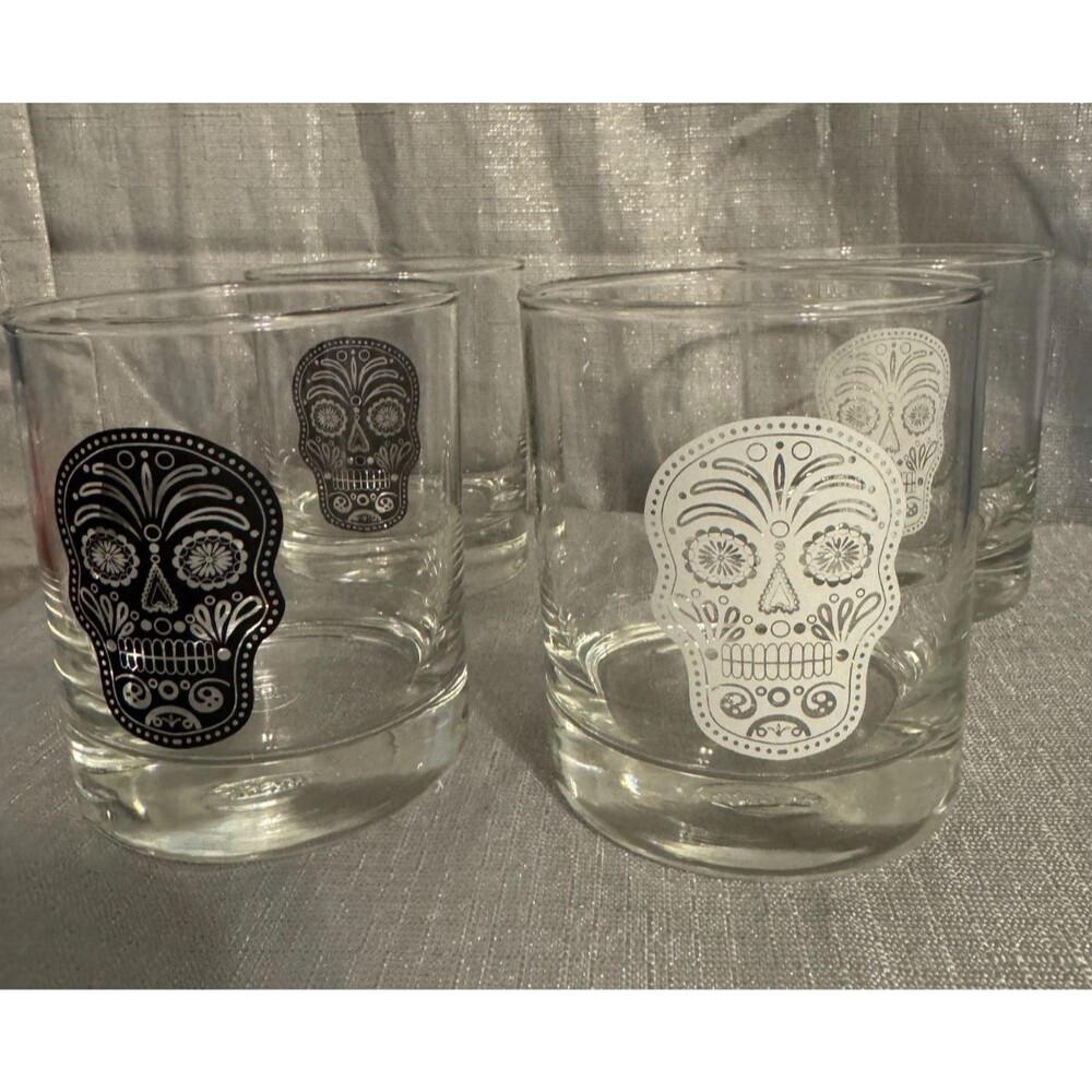 Four (4) Day of the Dead Dia de Los Muertos SugarSkull Halloween Whiskey Glasses